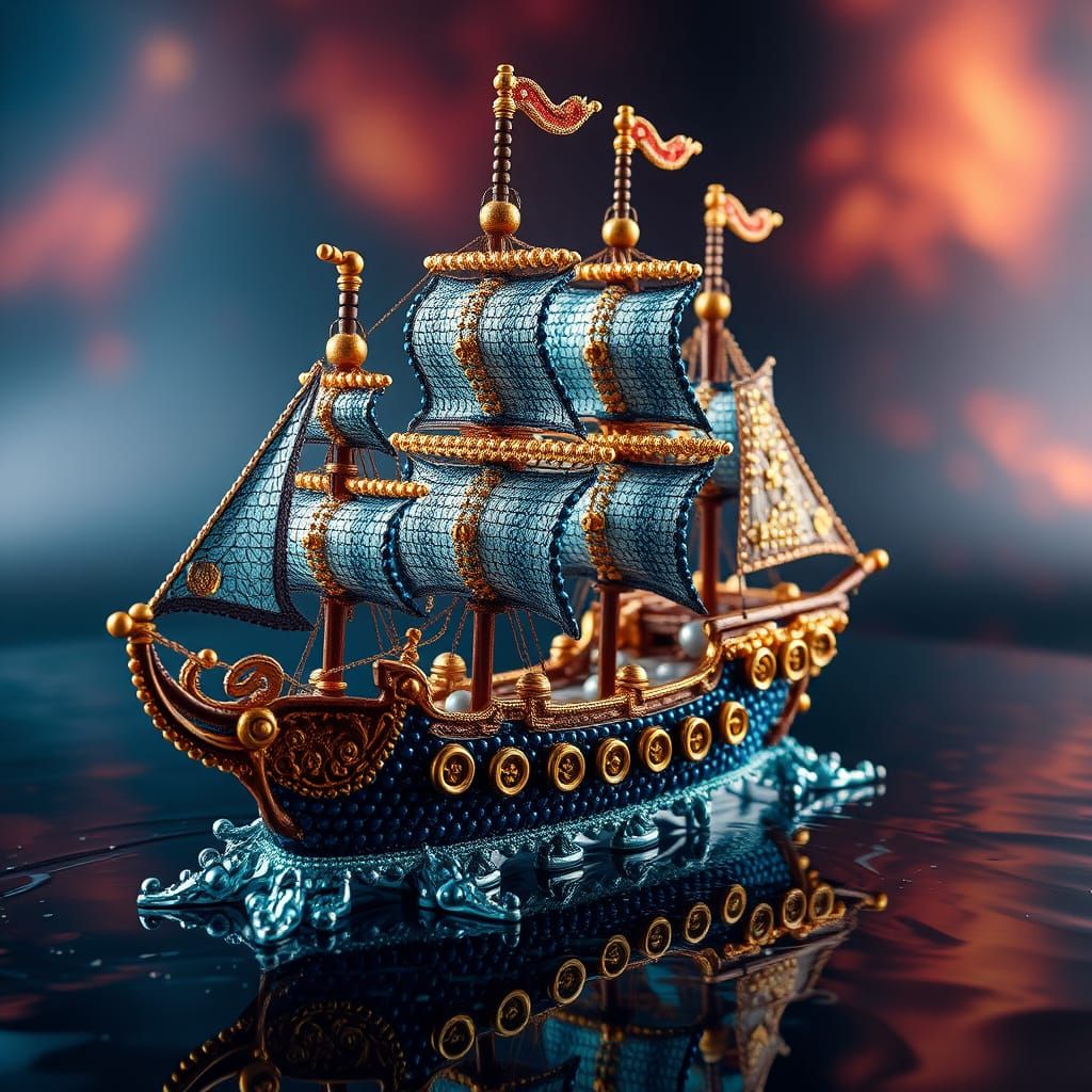 Beaded Pirate Ship in Matte Painting Style