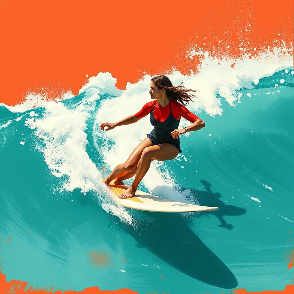 Woman Surfing a Wave in Stylized Art Style