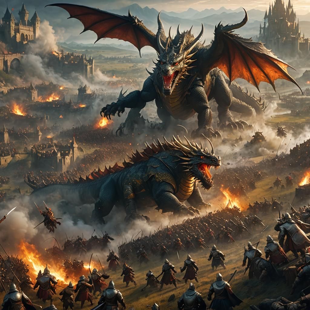 Epic Medieval Battle Scene with Dragon