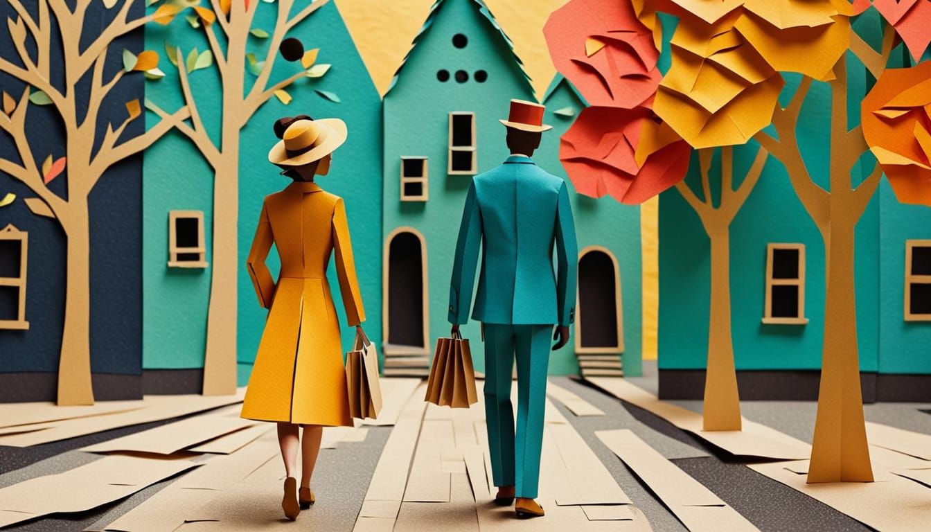 Whimsical Paper Collage of Couple in Fantasy Town