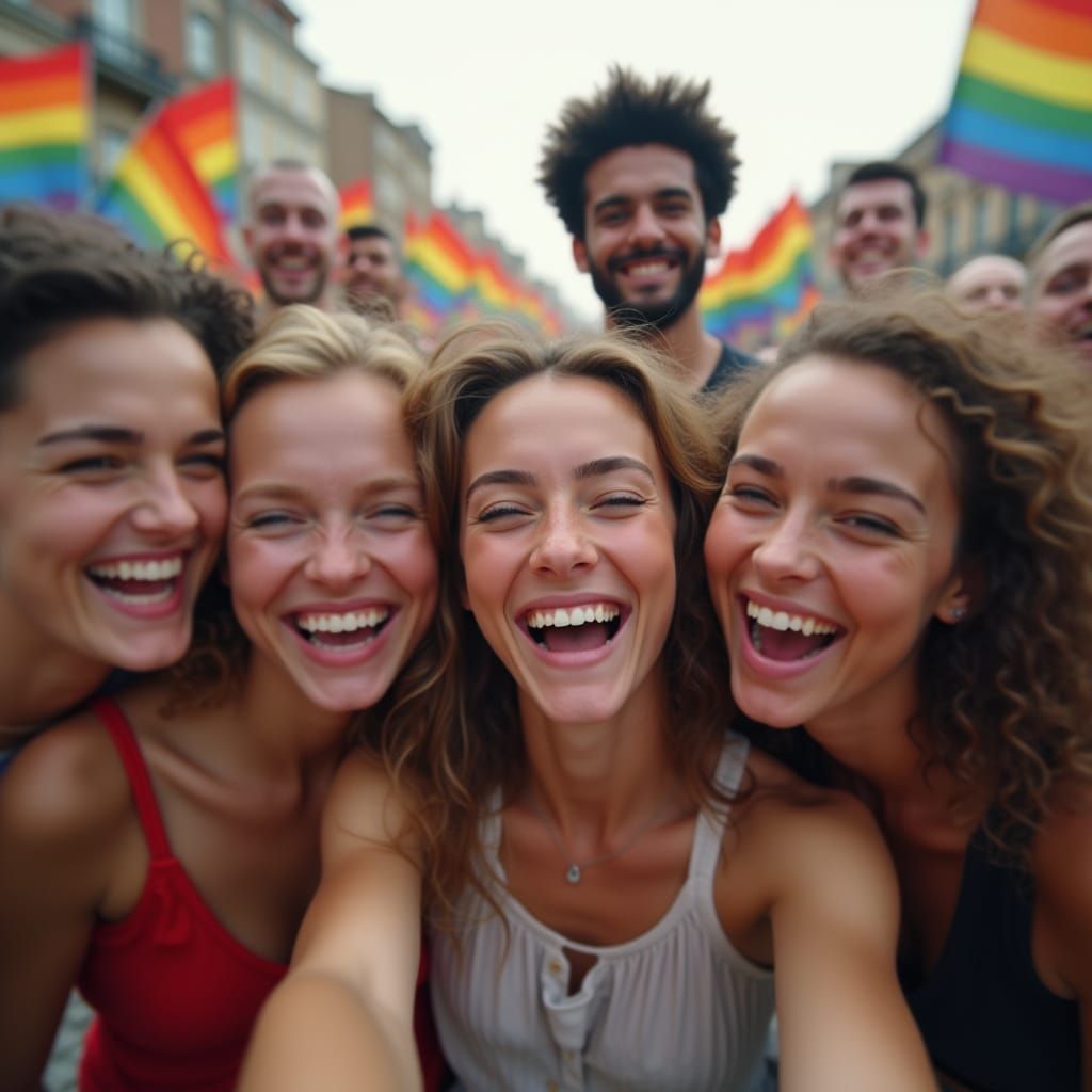 Joyful Diverse Friends Celebrate Pride in Vibrant City