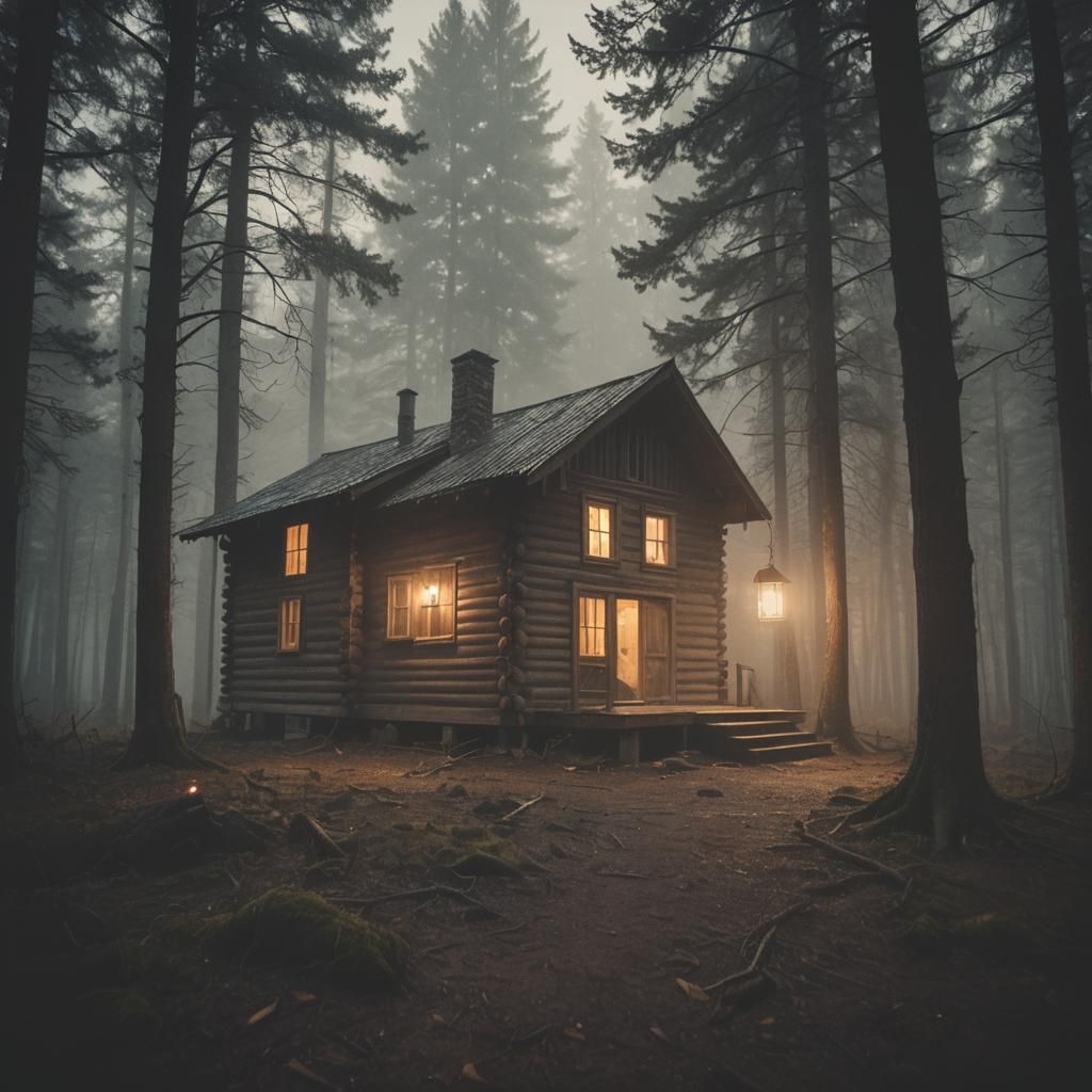 Eerie Haunted Cabin in Foggy Forest