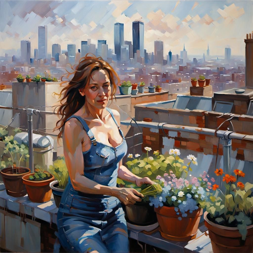 Woman Gardening in Rooftop Garden: Oil Painting