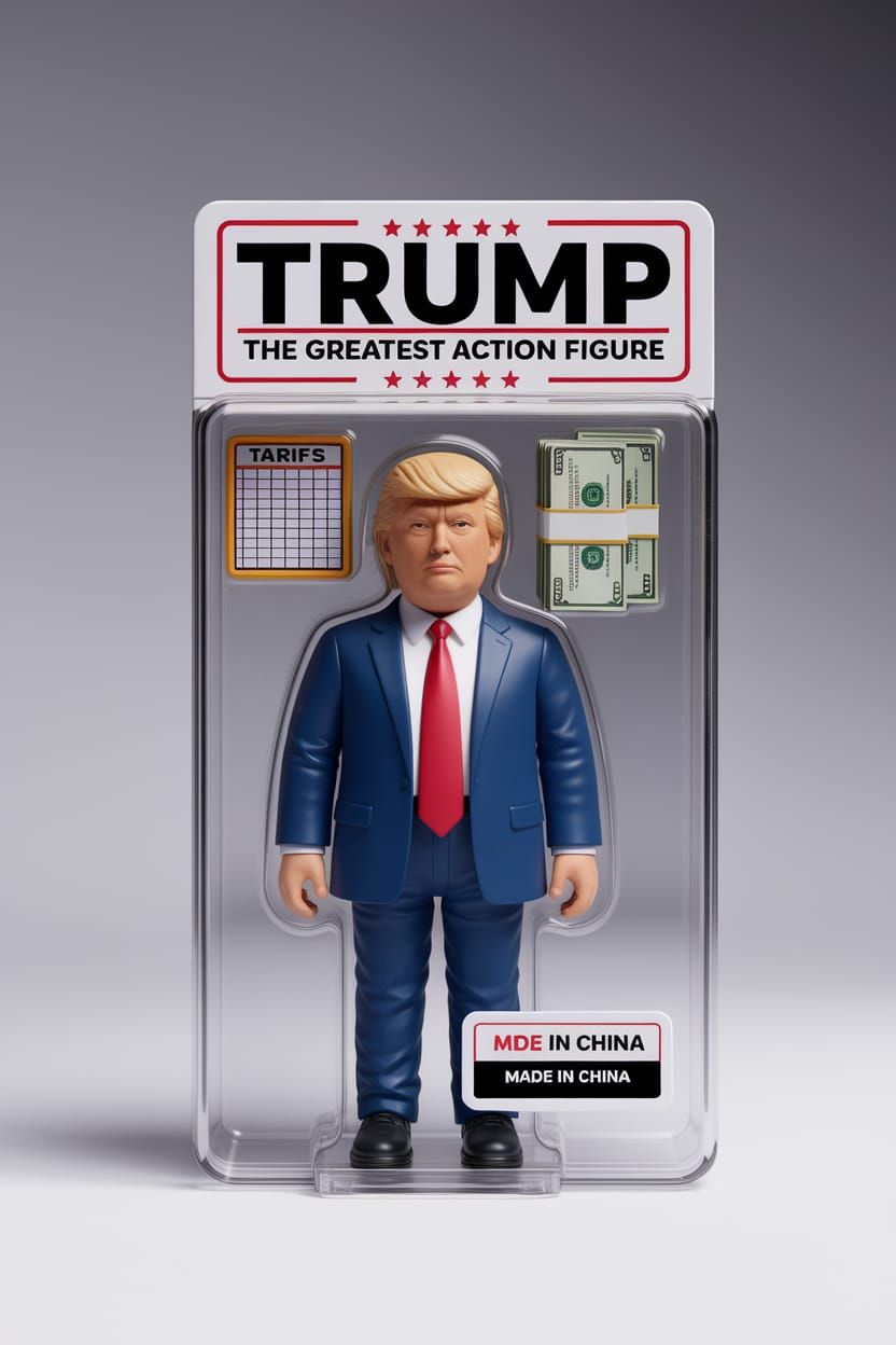 Donald Trump as Action Figure with Tariffs Board and Dollars...