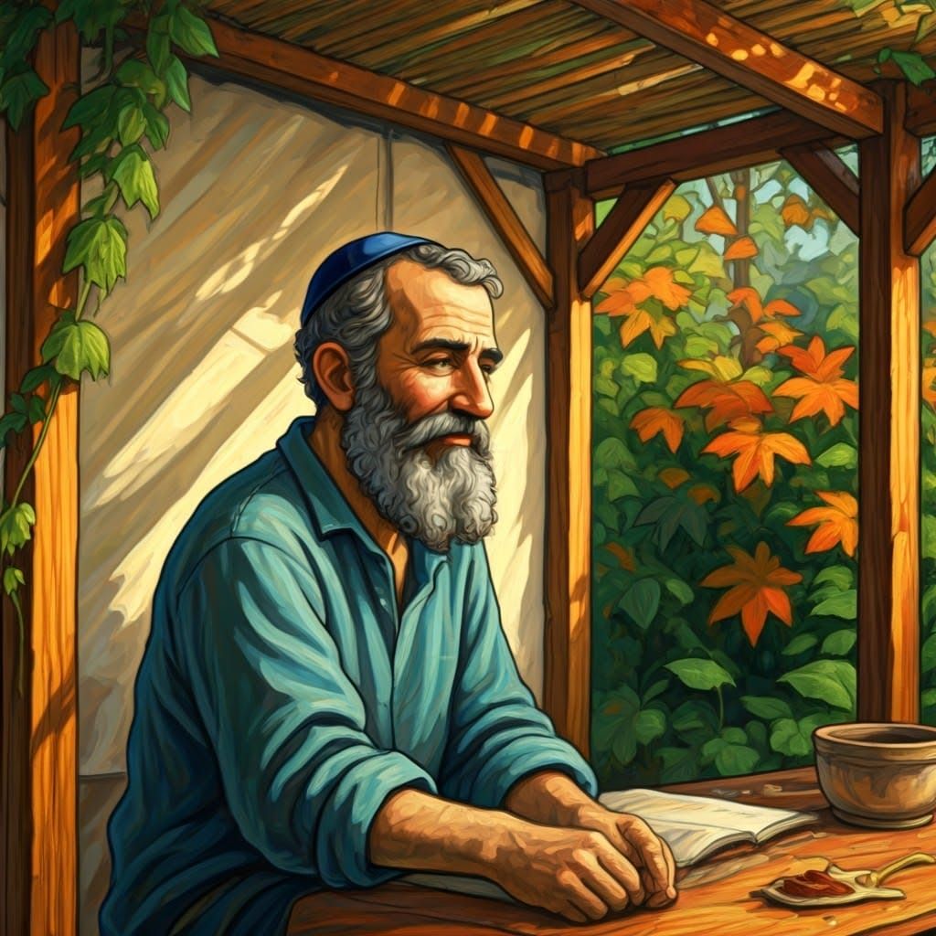 Warmly Lit Father in Sukkah, Impressionist Folk Art