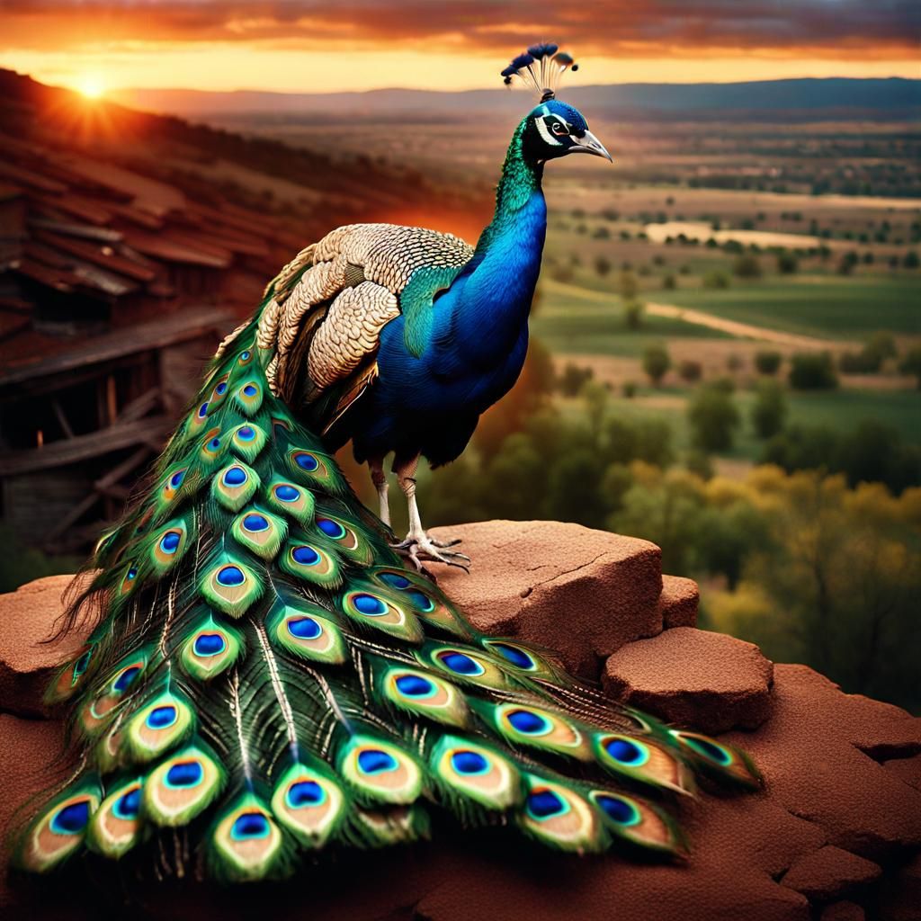Peacock on Cliffside Observes Sunset Barn Fire