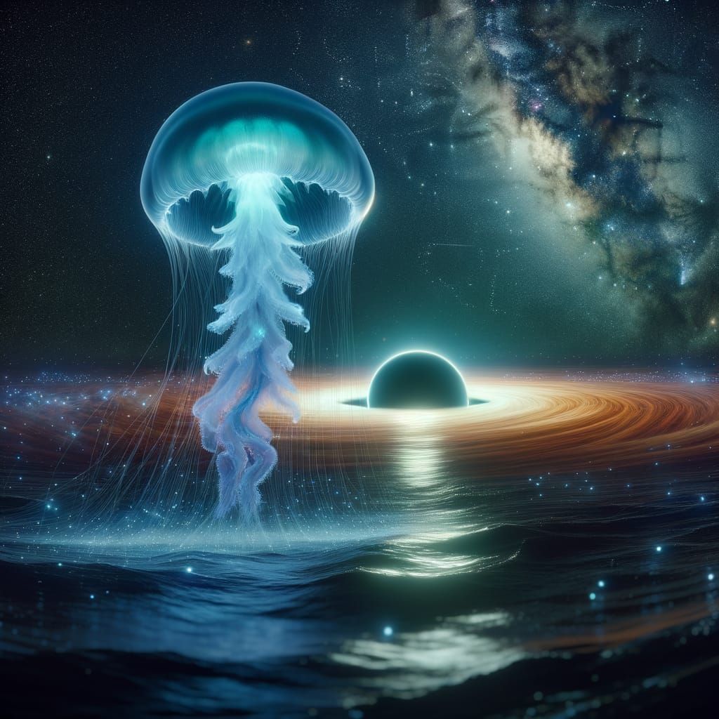 Cosmic Jellyfish Illuminates Black Hole in Serene, Dreamlike...