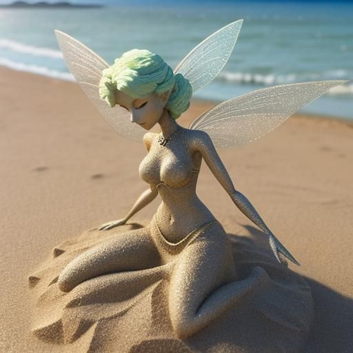 Sand Fairy Posing on Beach with Sand Wings