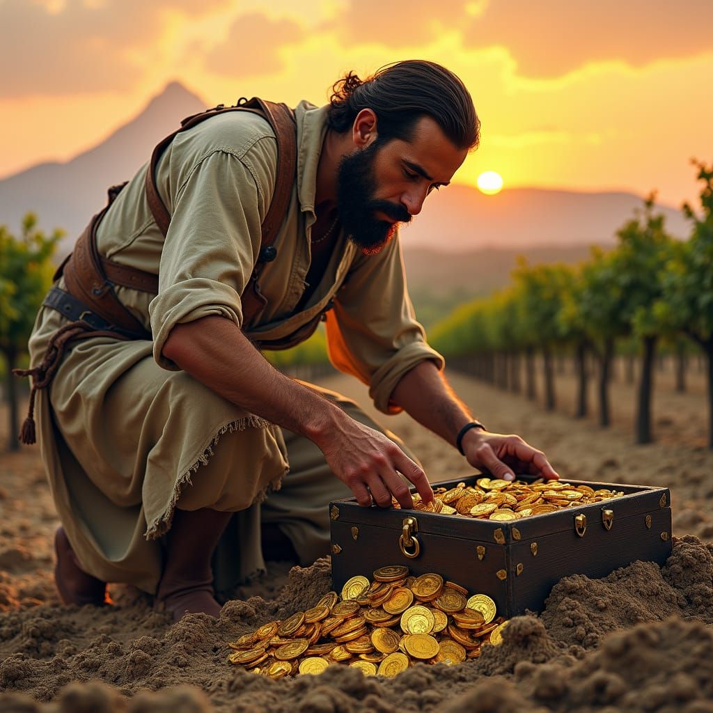 Man Hides Treasure in Field at Dusk