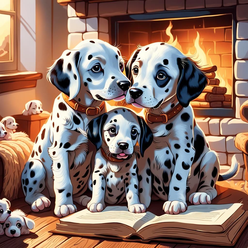 Dalmatians Pongo, Perdita and Puppies in Storybook Style