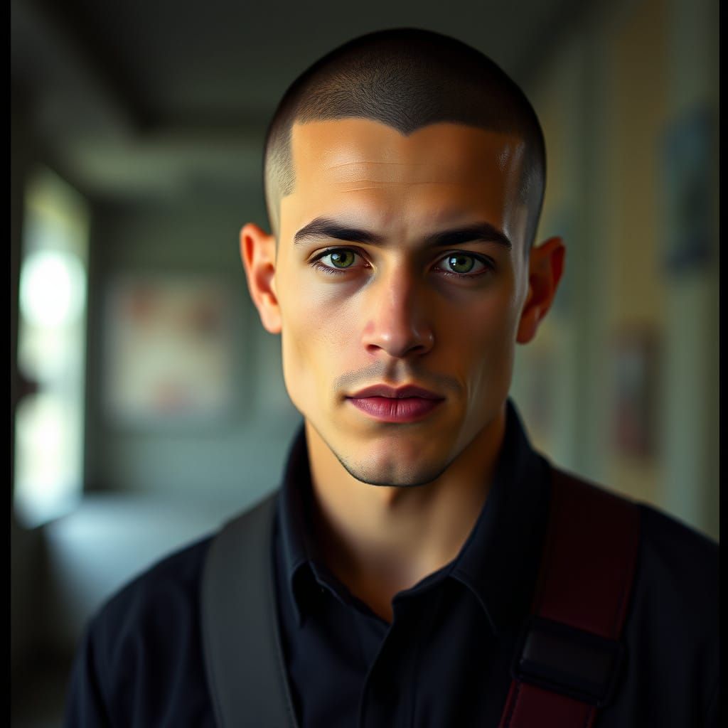 Tall Young Man with Intense Green Eyes in a Cinematic Atmosp...