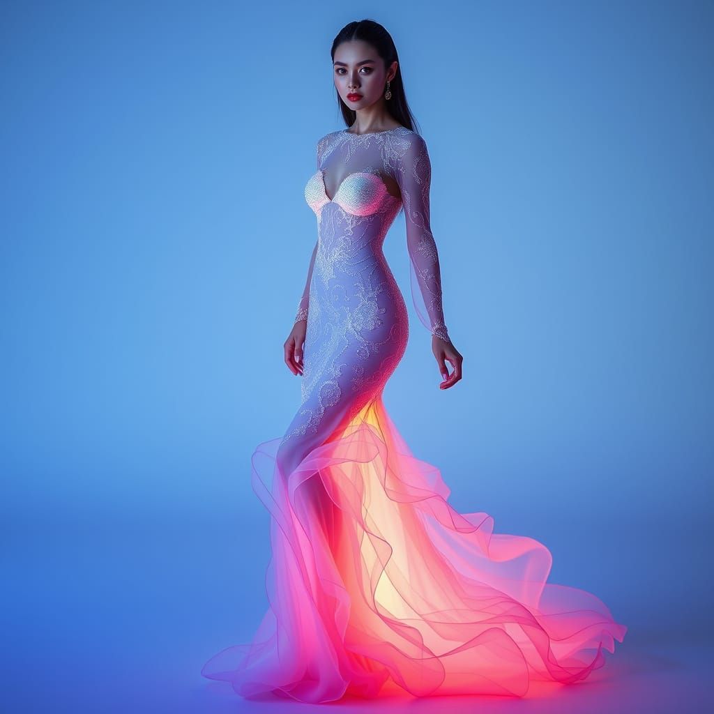 Beauty Model in Shimmering Coral Reef-Inspired Gown