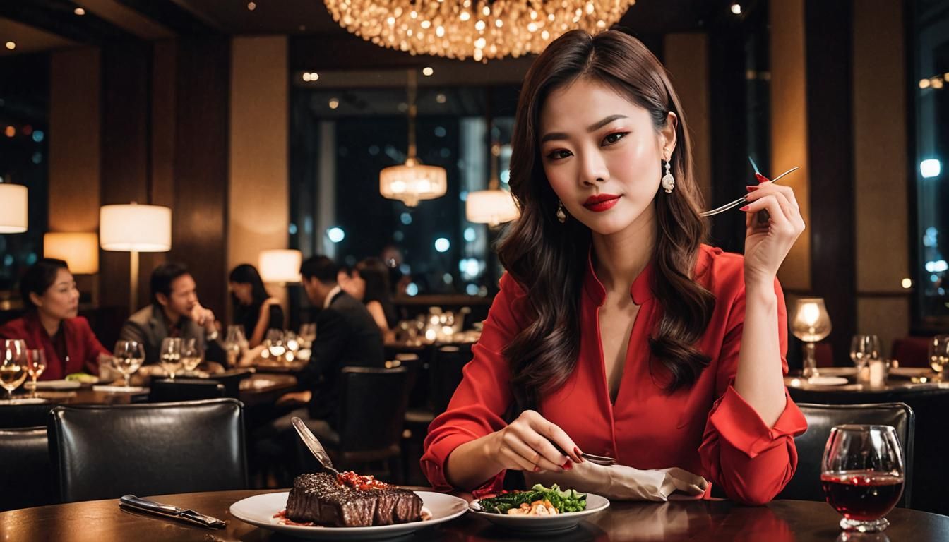 Woman Enjoying Wagyu Steak in Cinematic Style