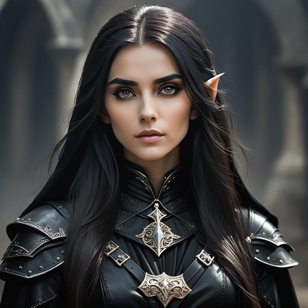 Half-Elf Woman in Black Armor Portrait
