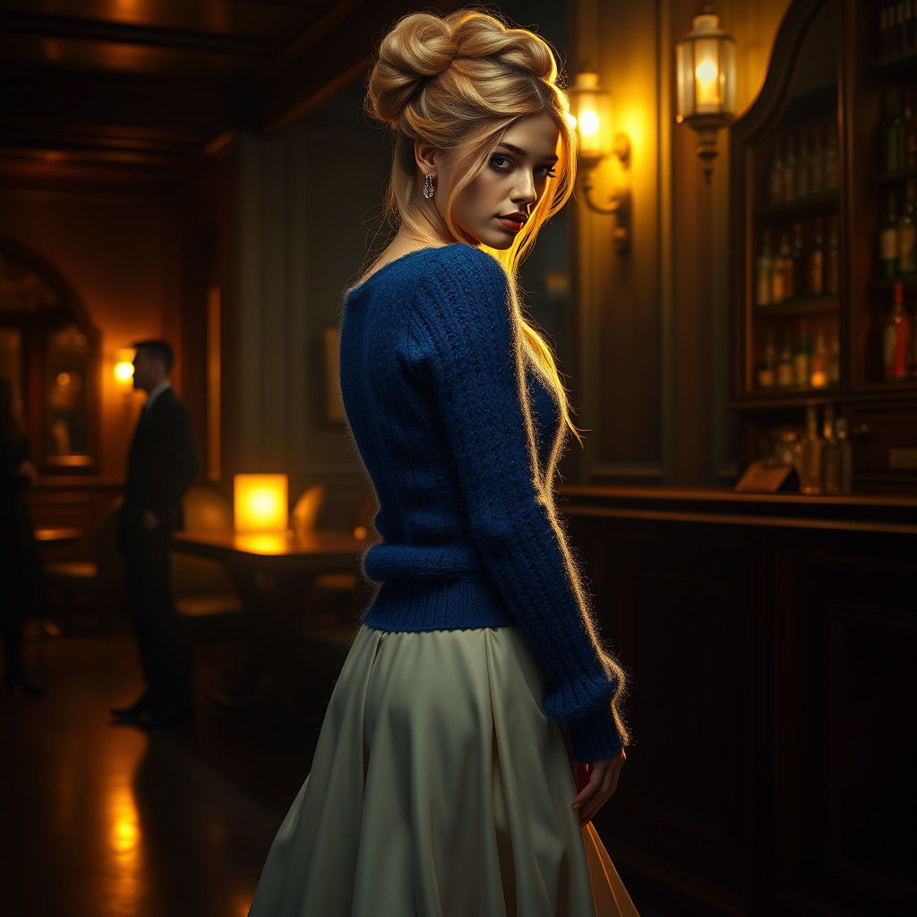 Elegant Blonde Woman in Dimly Lit Bar, Matte Painting