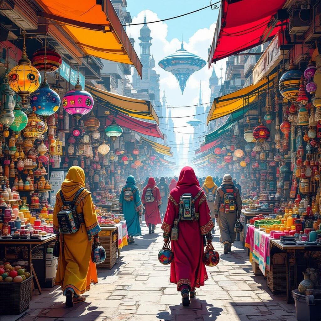 Bustling Alien Market in Sci-Fi Fantasy Style