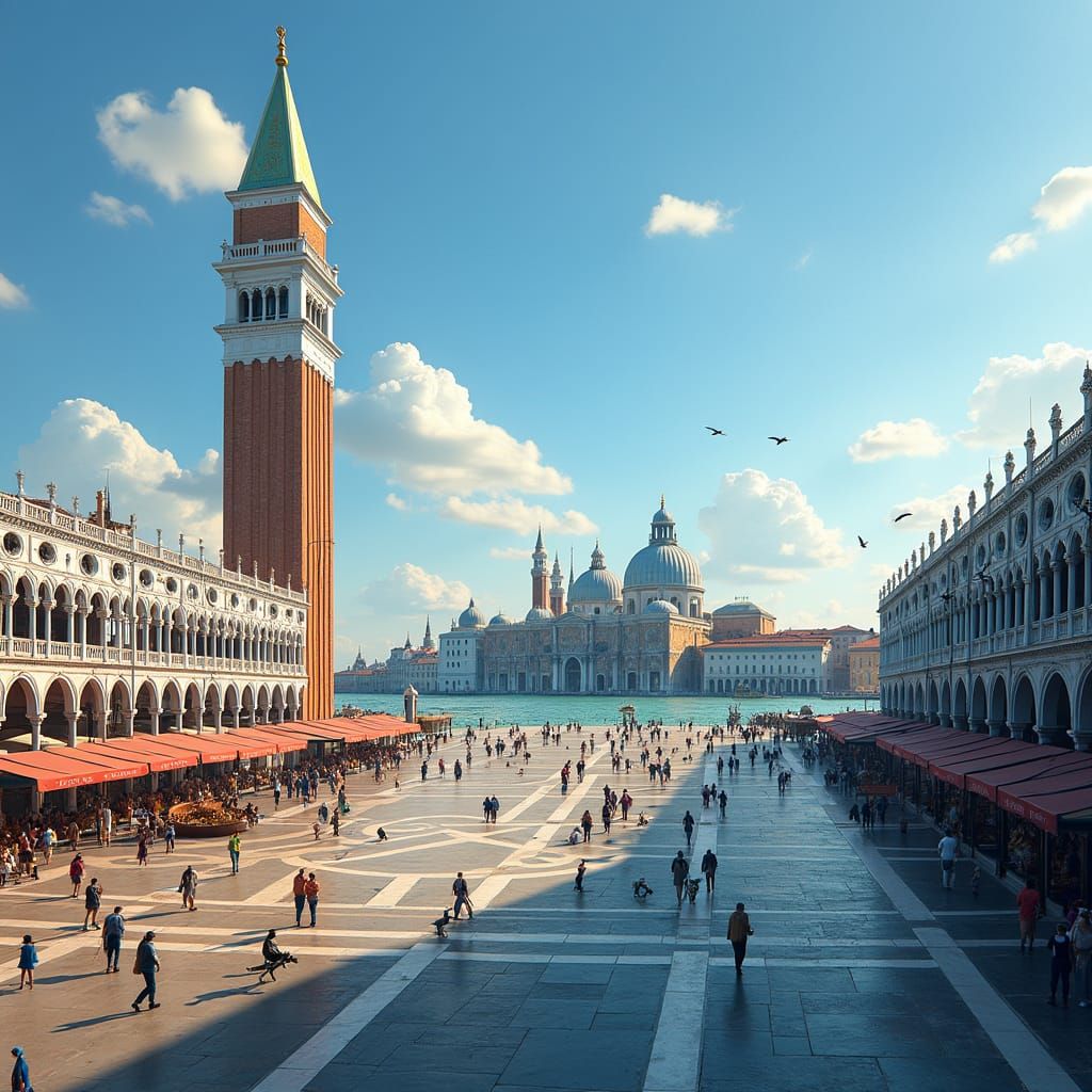 Surreal Venice Panorama with Golden Basilica and Historic Bu...