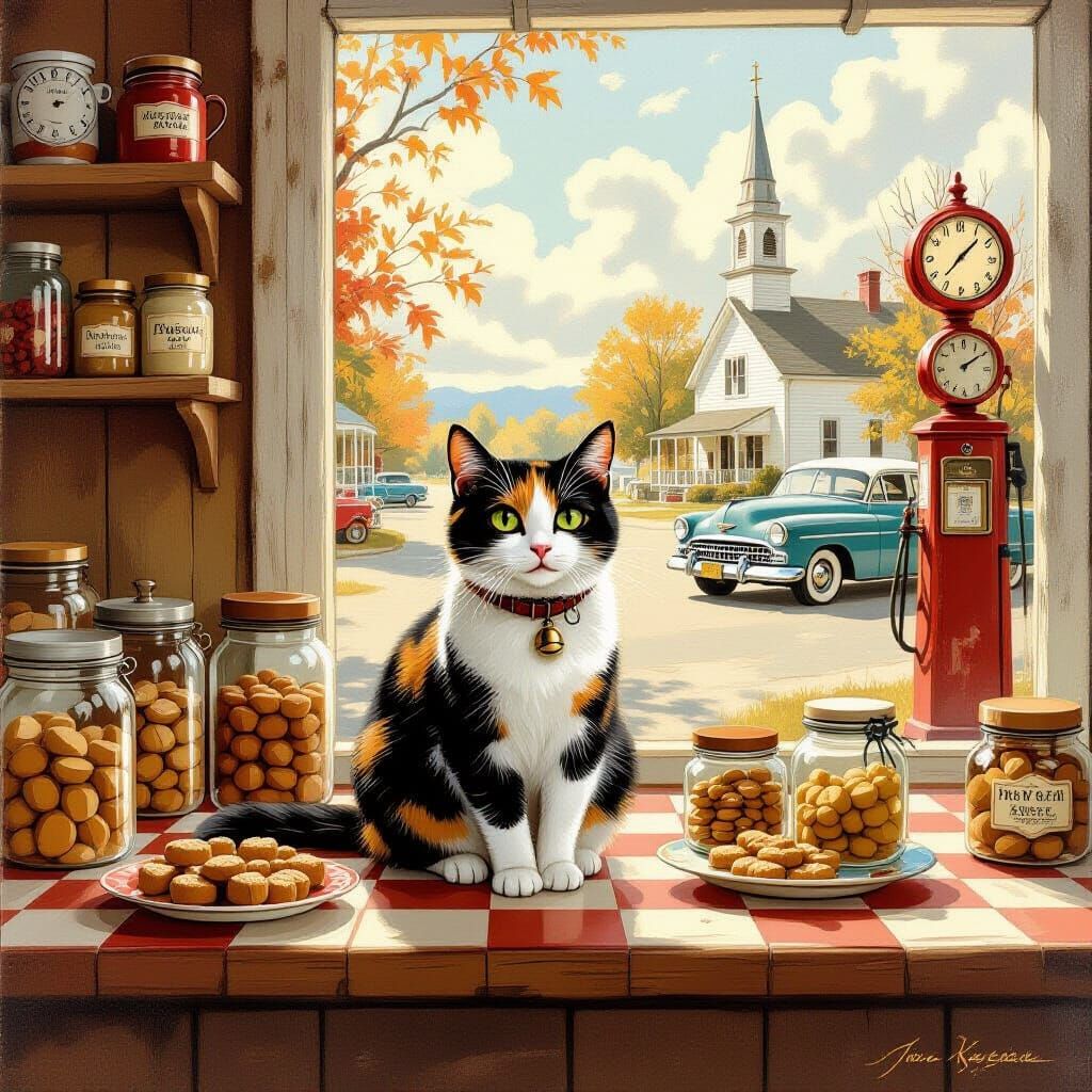 Calico Cat in 1950s Store, Rockwell-esque