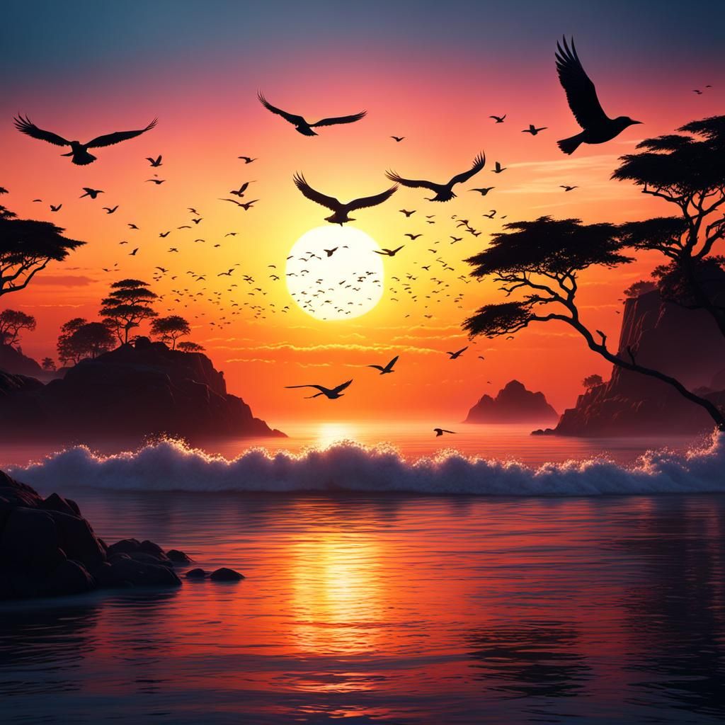 Vibrant Sunrise Over Ocean, Fantasy Concept Art