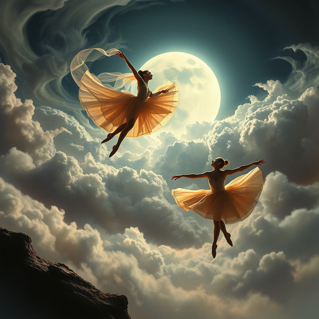 Ballerinas Leap in Dreamlike Digital Matte Painting