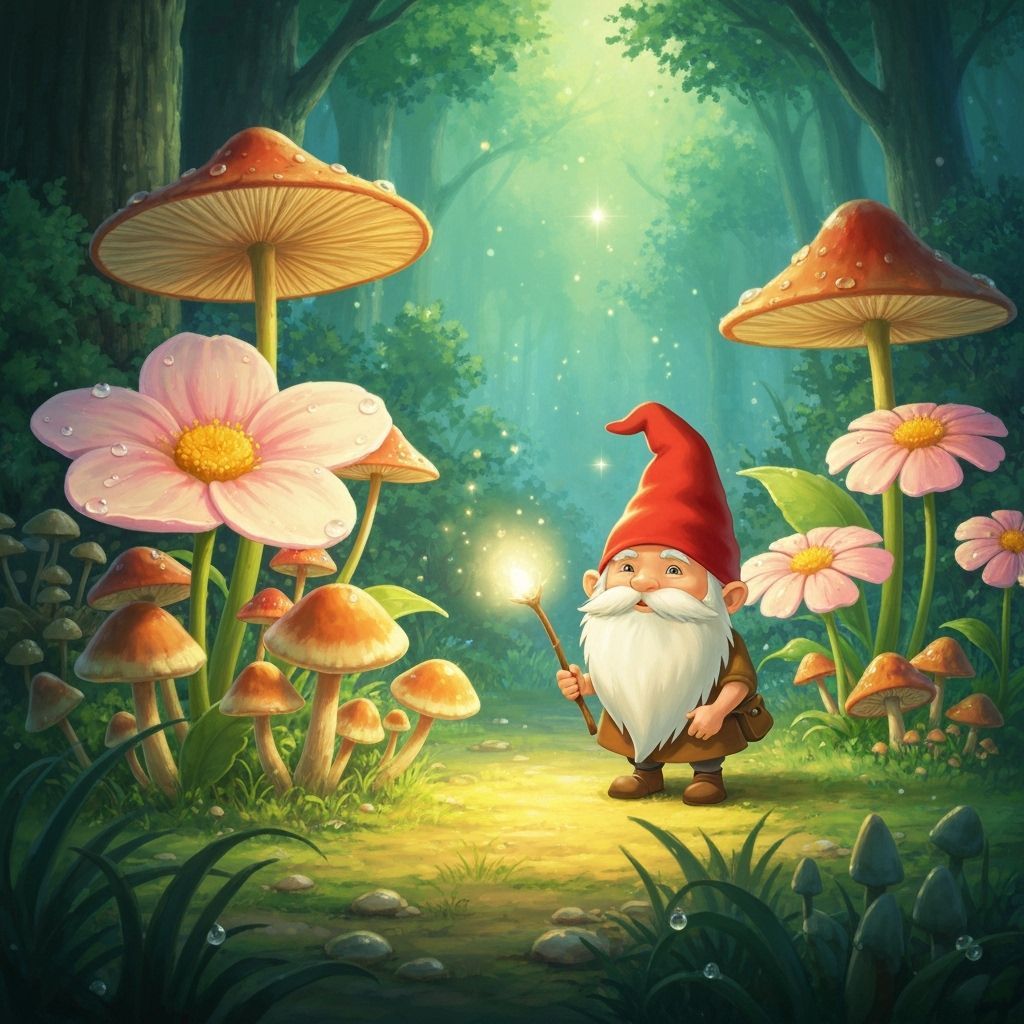 Whimsical Gnome Tending Magical Garden in Manga Style