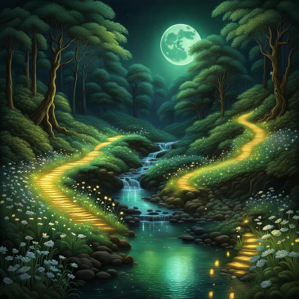 Luminous Winding Path Under Ethereal Green Glow