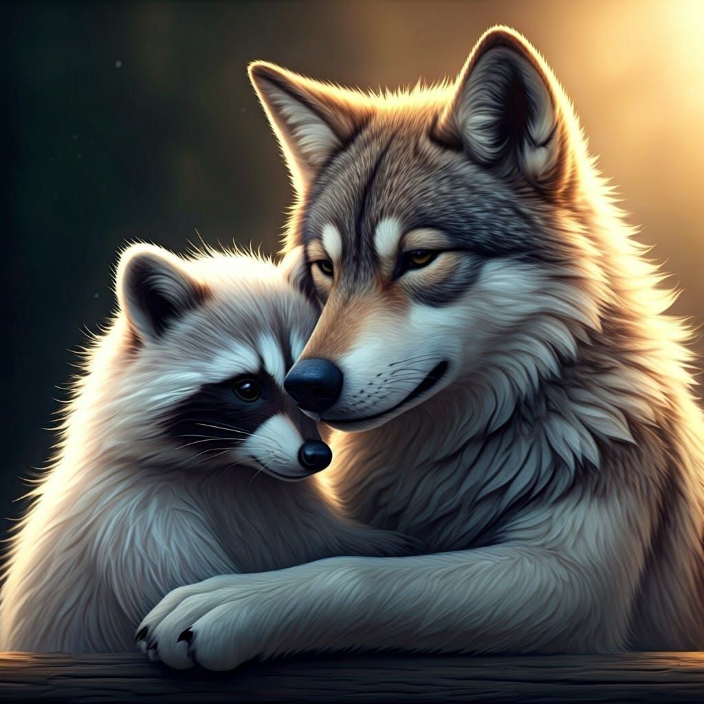 Wolf and Raccoon Cuddle in Golden Hour