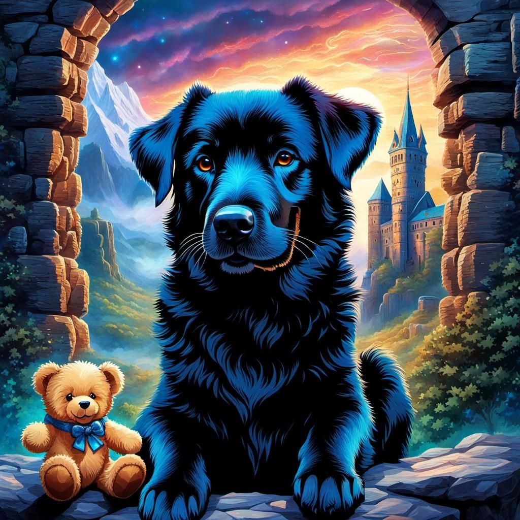 Dog with Glimmering Teddy Bear in Astral Ruins