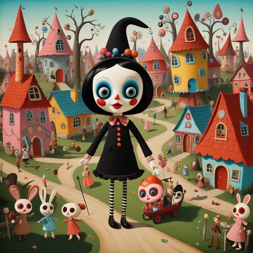 Whimsical Village With Eccentric Figures in Gary Baseman Sty...