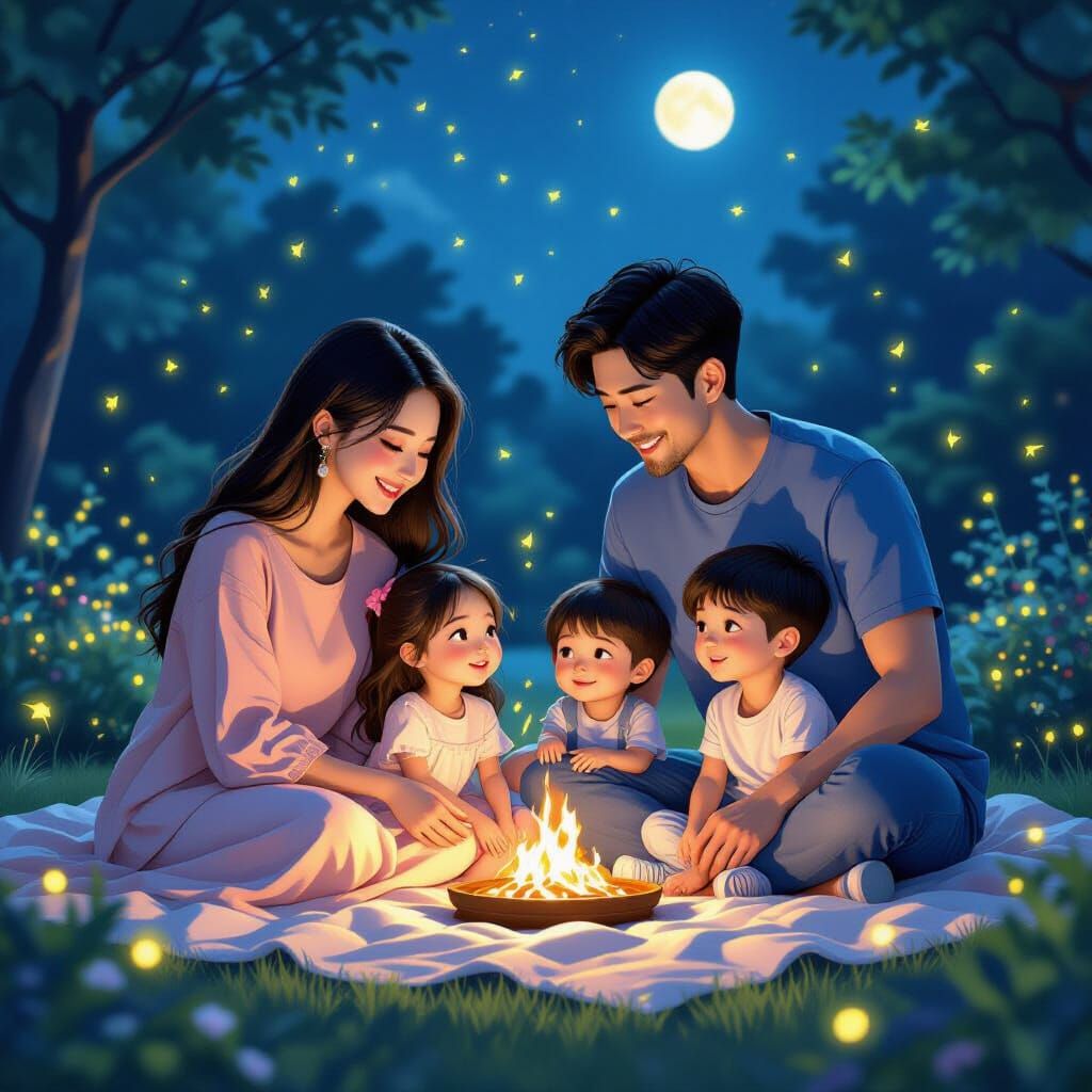 Korean Family Picnic in Moonlit Garden, Digital Art