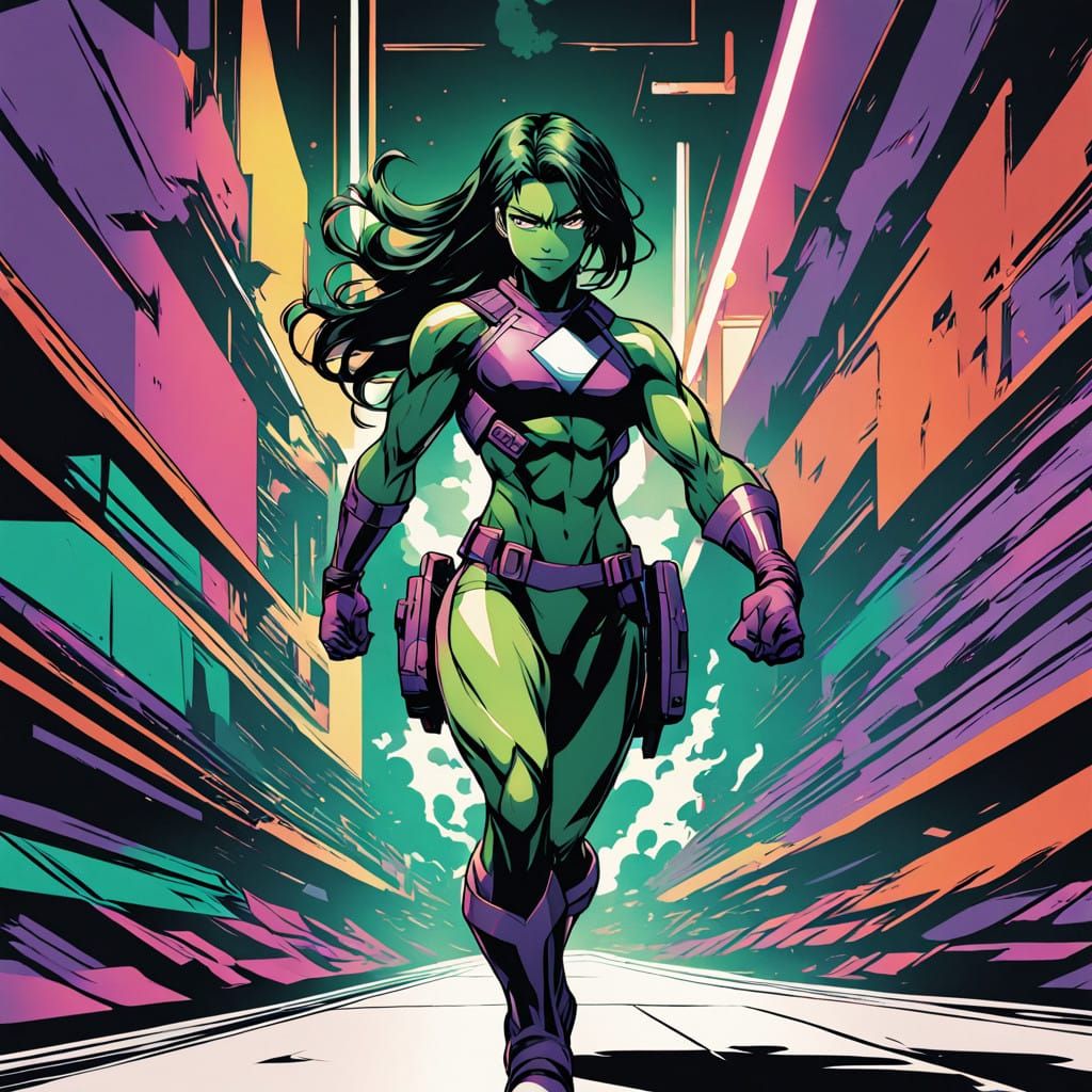 Vibrant She-Hulk Dances with Anime-Inspired Elegance