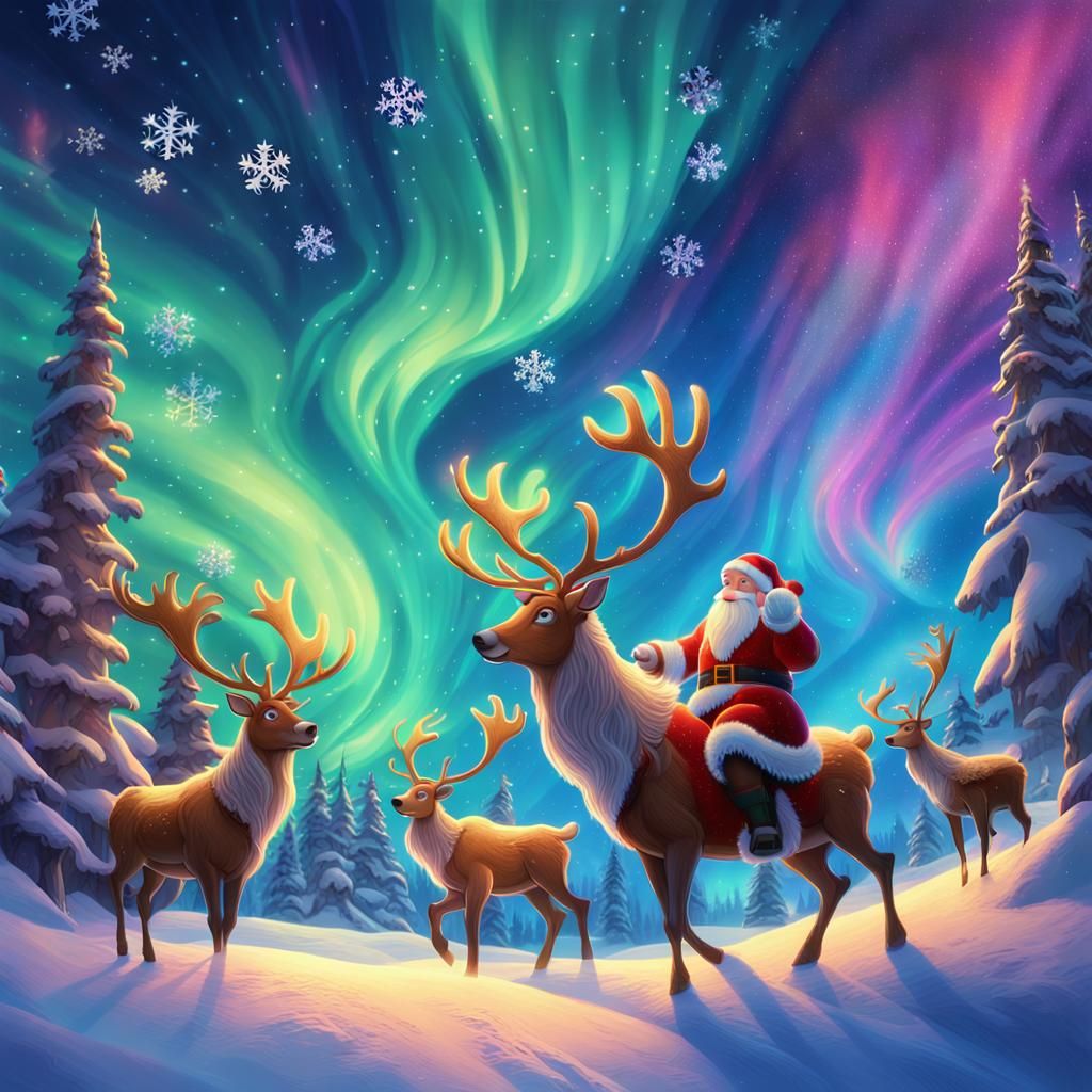 Santa's Sleigh Flies Through Northern Lights Display