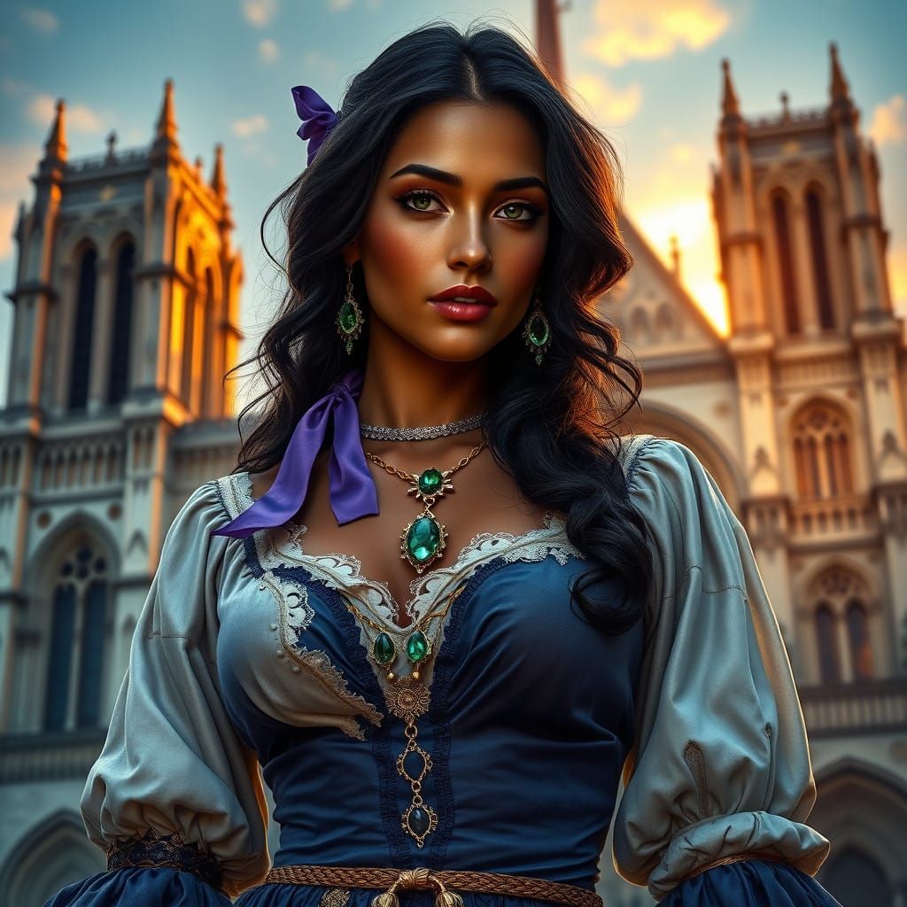 Romani Dancer in 15th Century Notre Dame Parisian Sunset