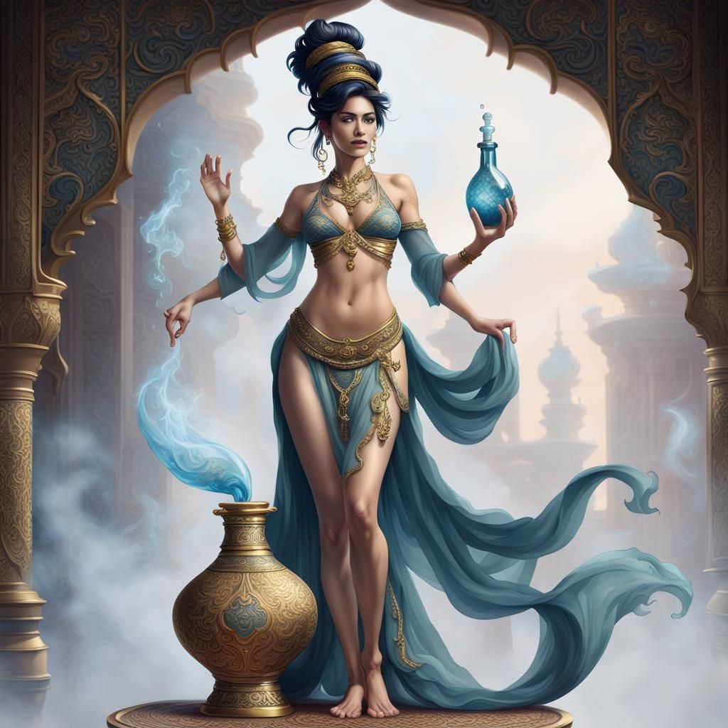 Beautiful Genie Emerges from Ornate Bottle