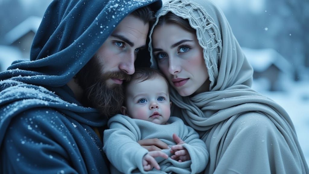 Holy Family in Snowy Winter Portrait