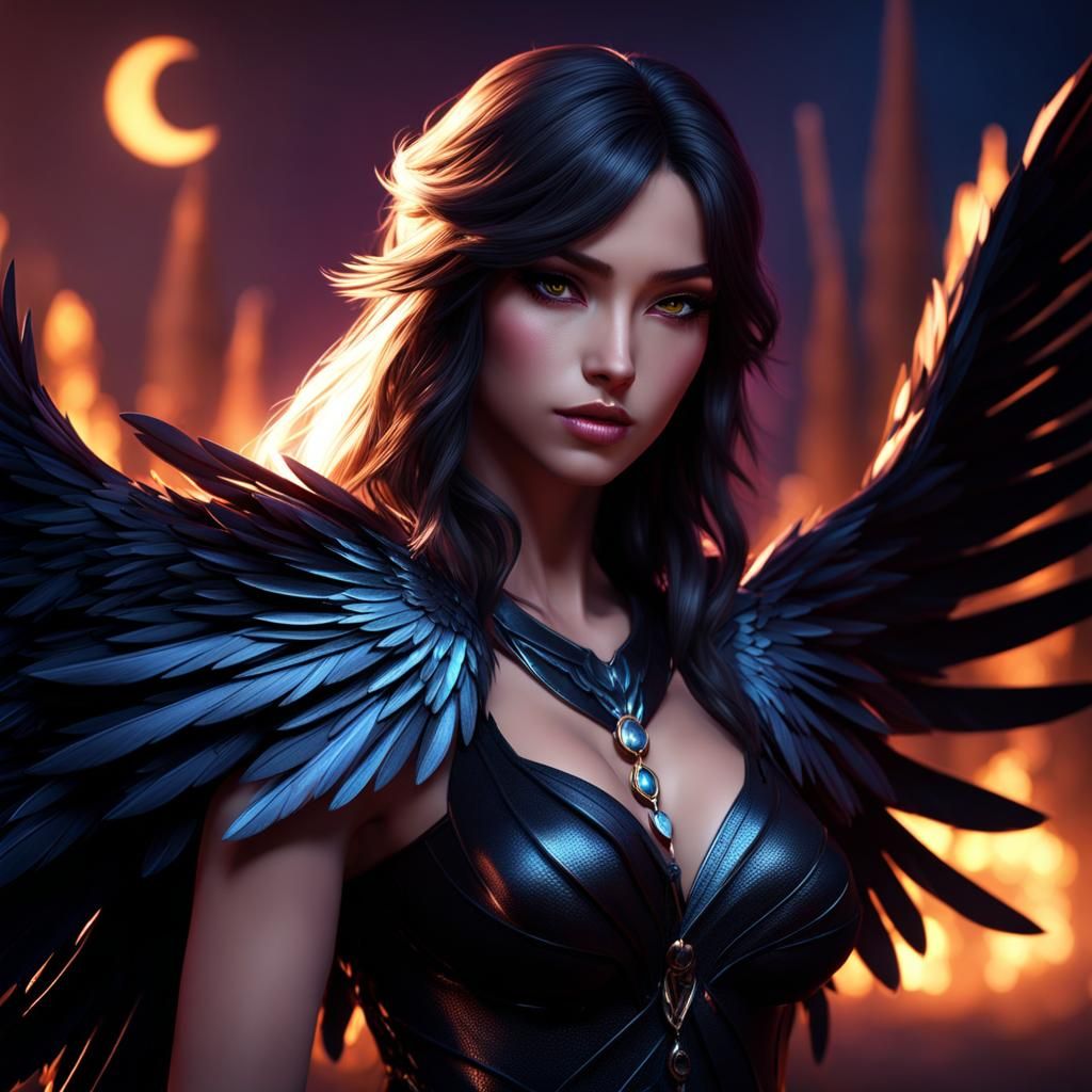 Dark Angel with Black Wings in Moonlight