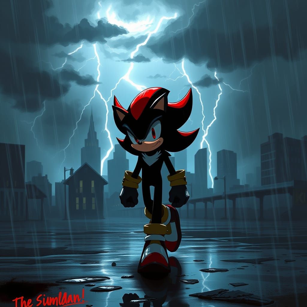 Shadow the Hedgehog Walks Through a Dark and Stormy Cityscap...