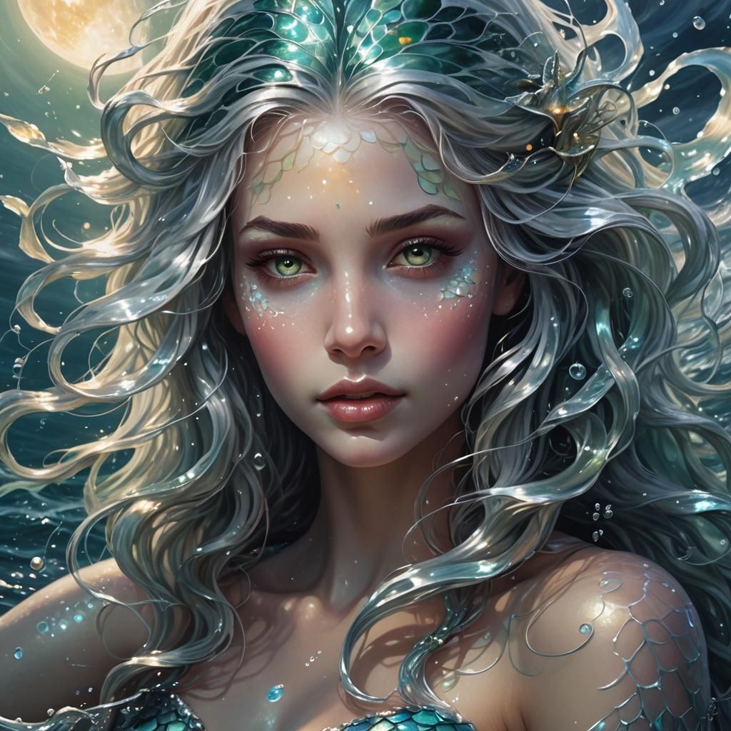 Luminescent Mermaid Emerging in Moonlight: Digital Art