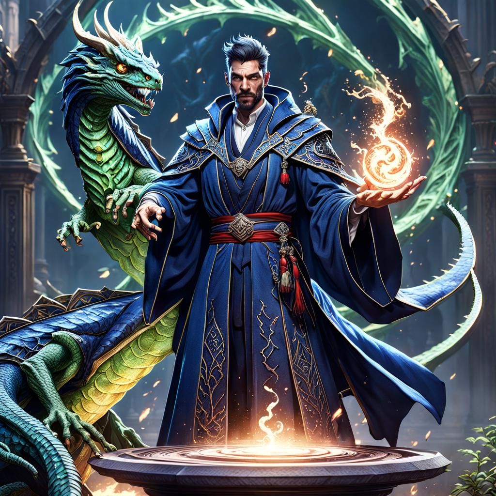 Sorcerer Casting Spell with Basilisk Familiar