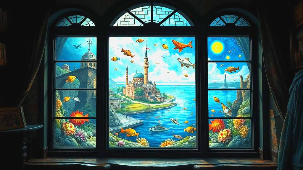 Surreal Cityscape Through a Fantastical Window in Cyberpunk....