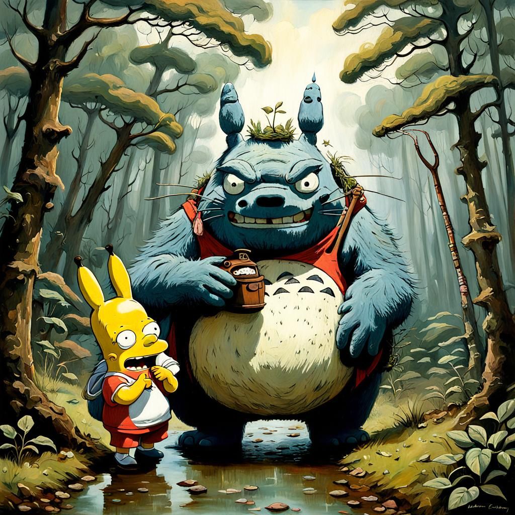 Homer Simpson Totoro Hybrid in Oil Painting