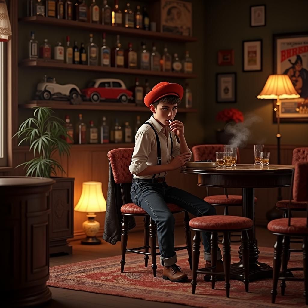 1950s Bar Scene: Boy with Red Hunting Hat