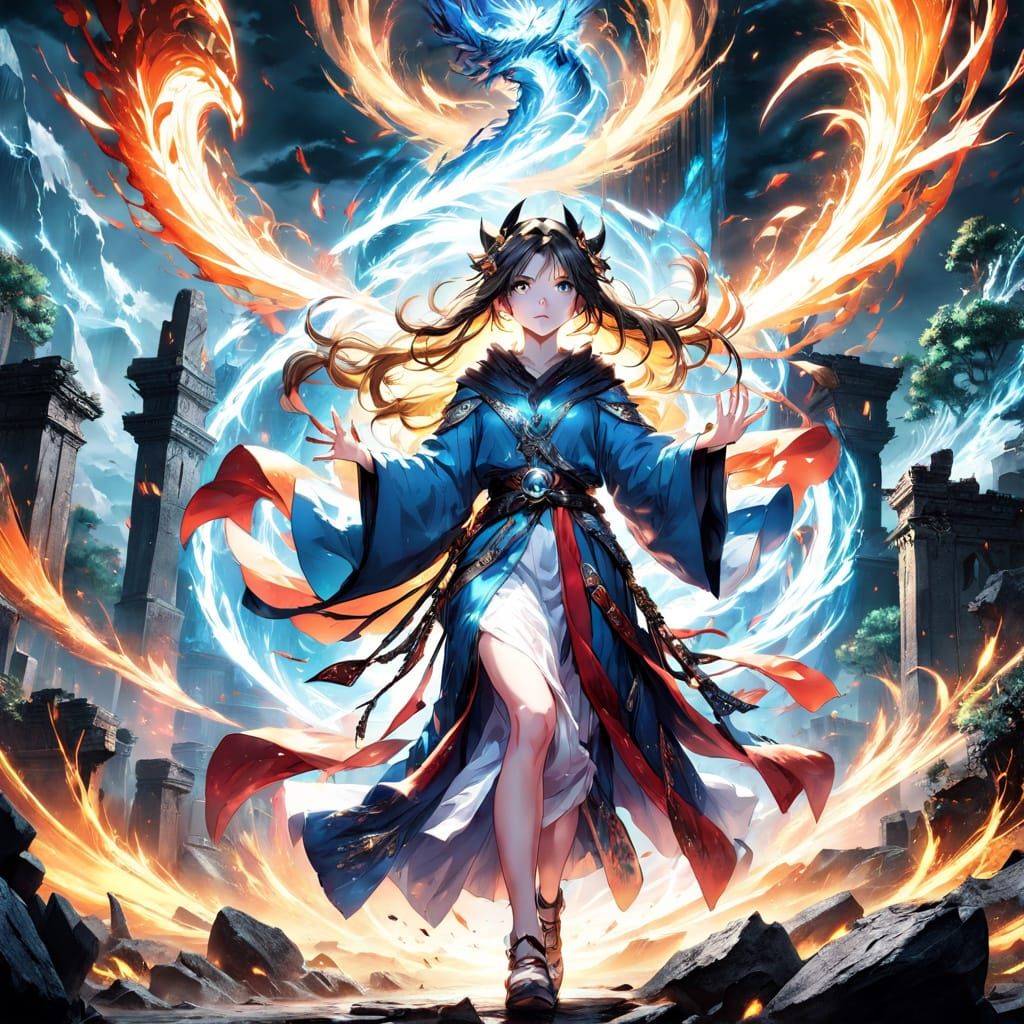 Anime Sorceress Unleashes Elemental Vortex on Beast
