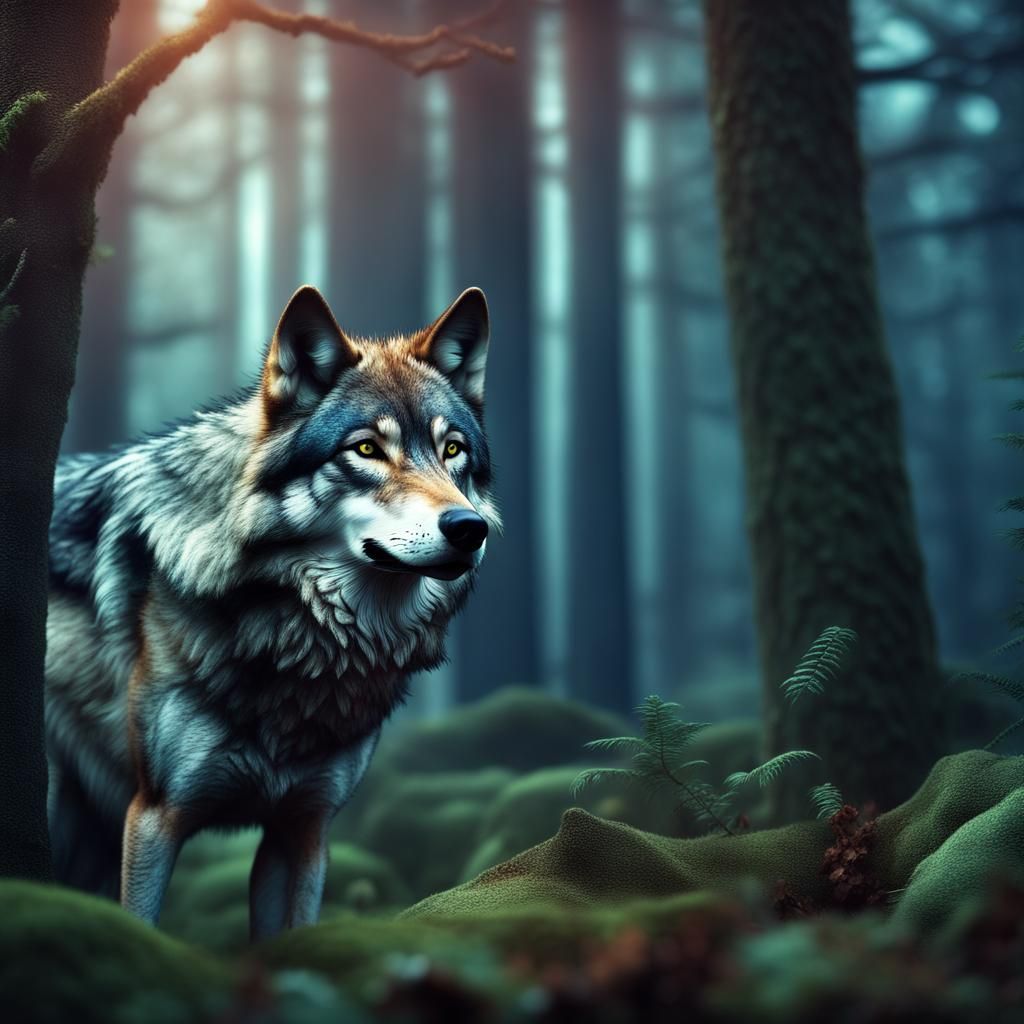Majestic Wolf in Mystical Forest, 3D Render