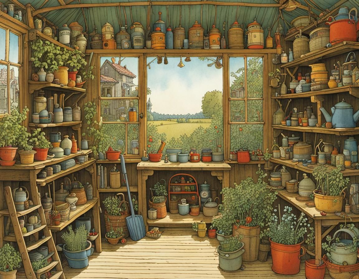 Entangled Garden Shed Interior in Children's Book Style