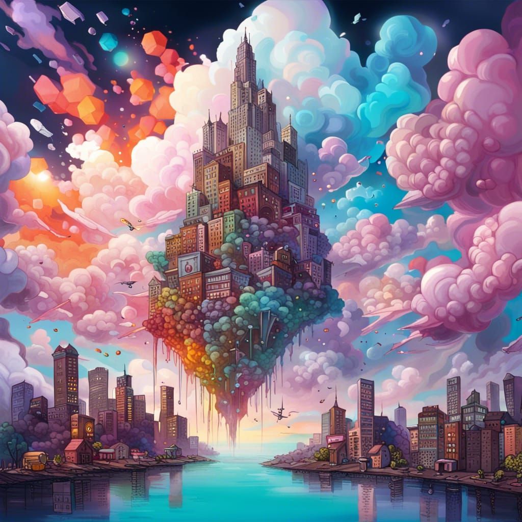 Crystalline City at Dusk: Graffiti Art Style