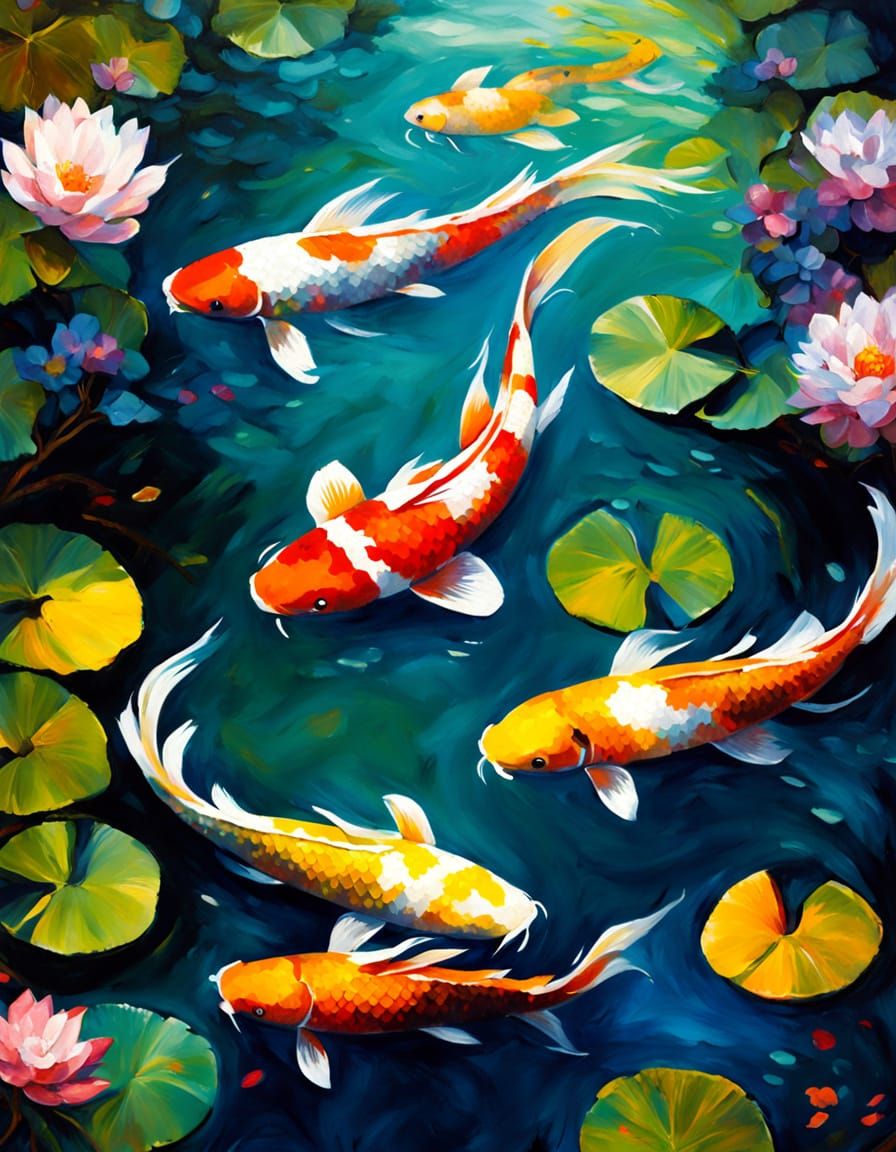 Koi Pond in Neo-Impressionistic Impasto Style