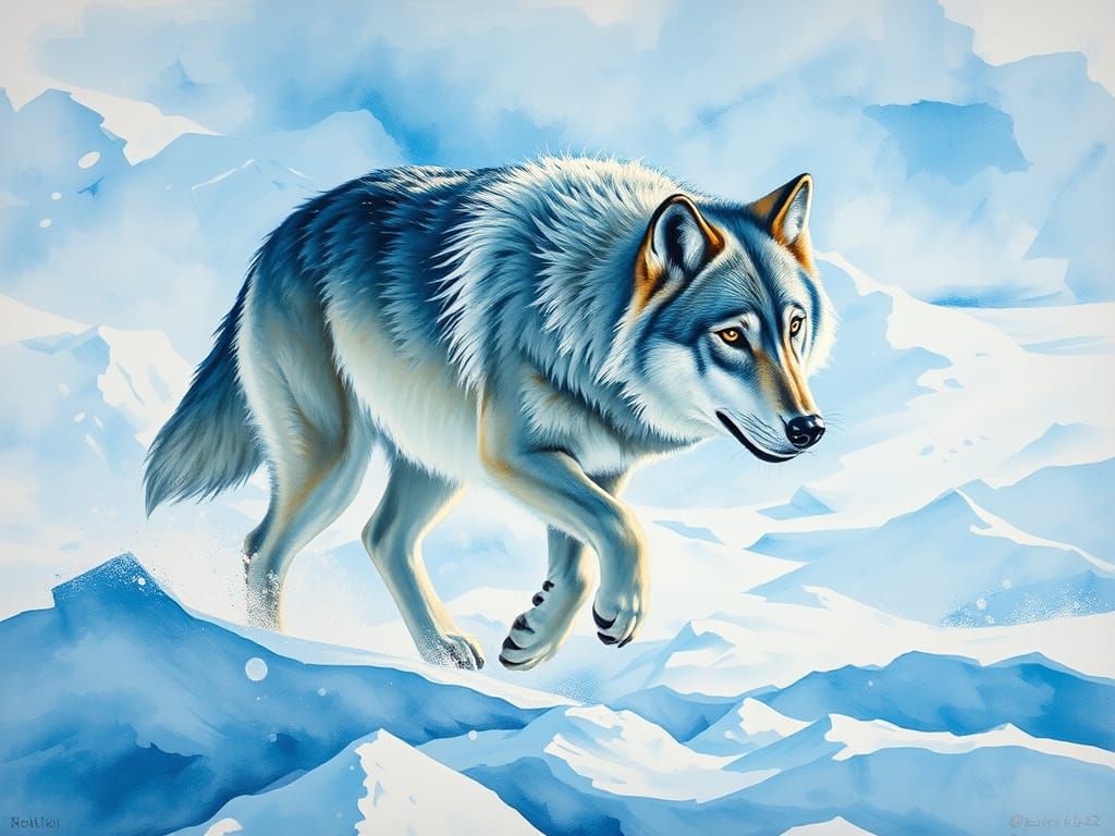 Arctic Wolf in Tundra: Gouache Impressionist Painting