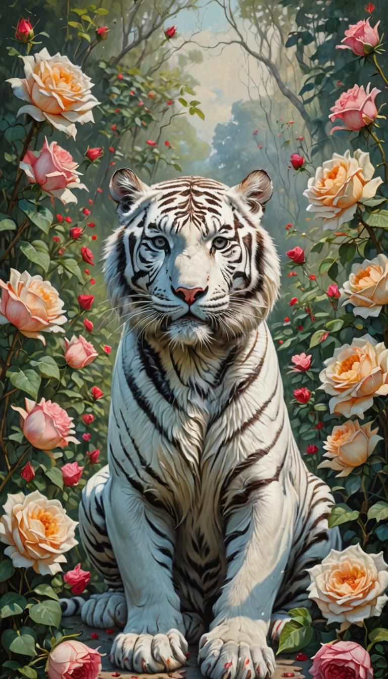 White Tiger in Roses, Oil Painting
