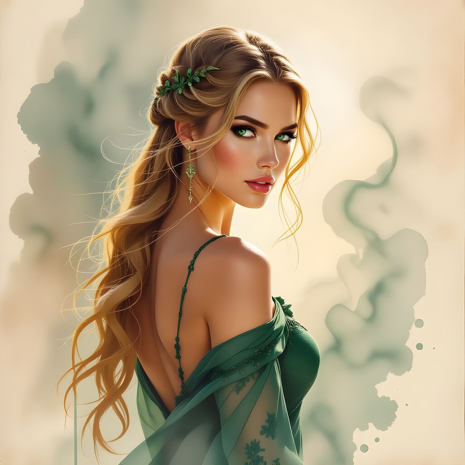 Norse Goddess Portrait in Ink and Watercolor Style